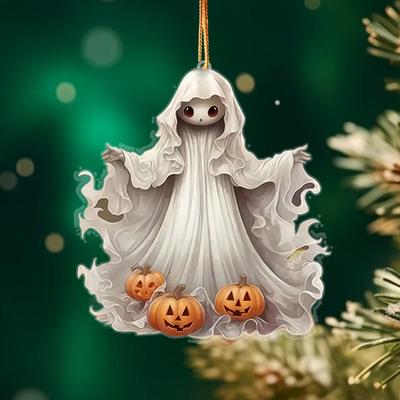 Halloween Ghost Car Pendant 2D Flat Ghost with Pumpkin Acrylic Car Rearview Mirror Charm for Auto Interior Hanging Accessories