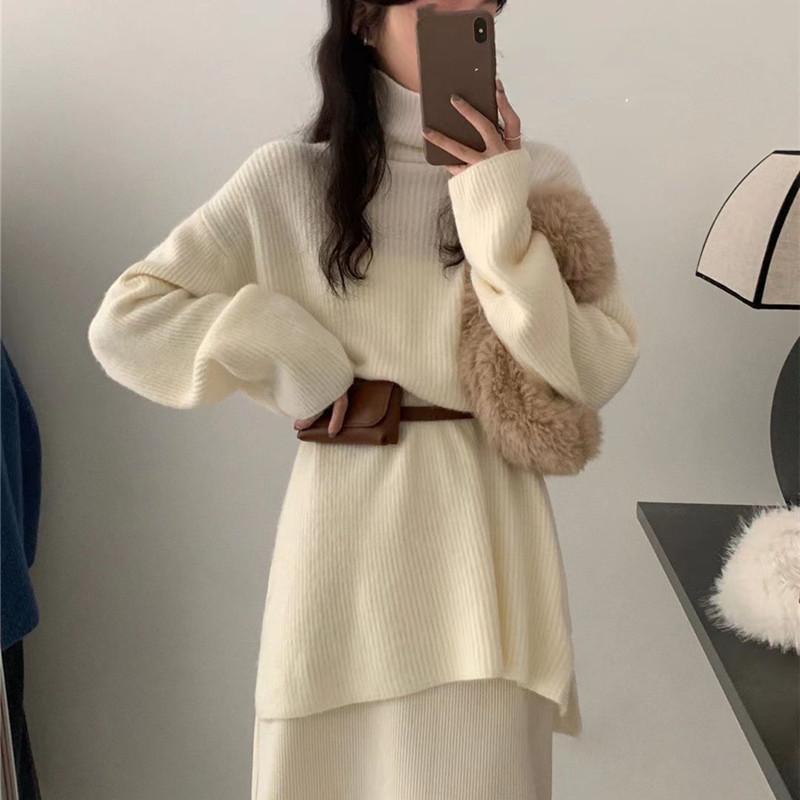 

Женский свитер средней длины на осень и зиму с разрезами, свободный пуловер с высоким воротом для женщин S бежевый