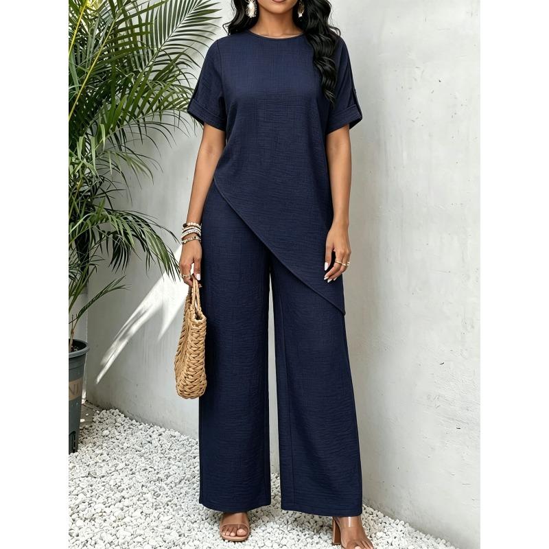 DICFY Women's Fashion Casual Short Sleeve O-Neck Pants Suits