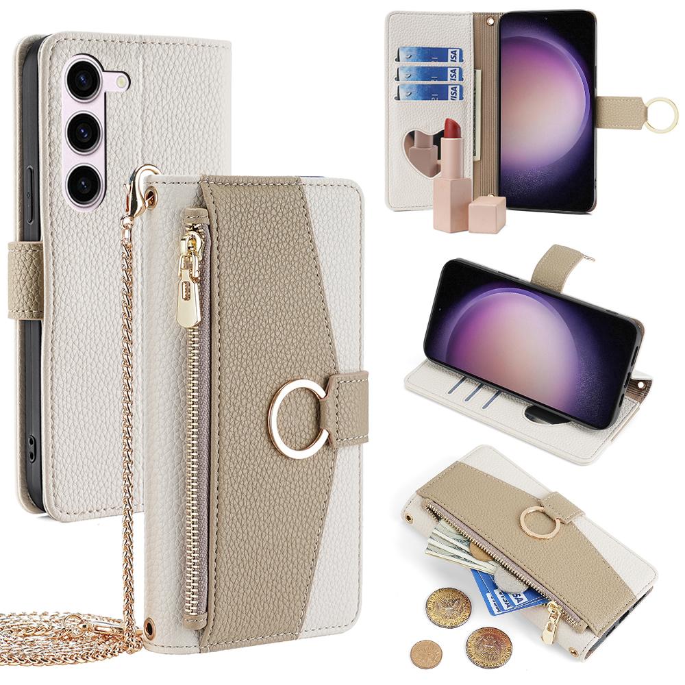 

For Samsung Galaxy S23 Wallet Case PU Leather Crossbody Phone Bag with Mirror Design White
