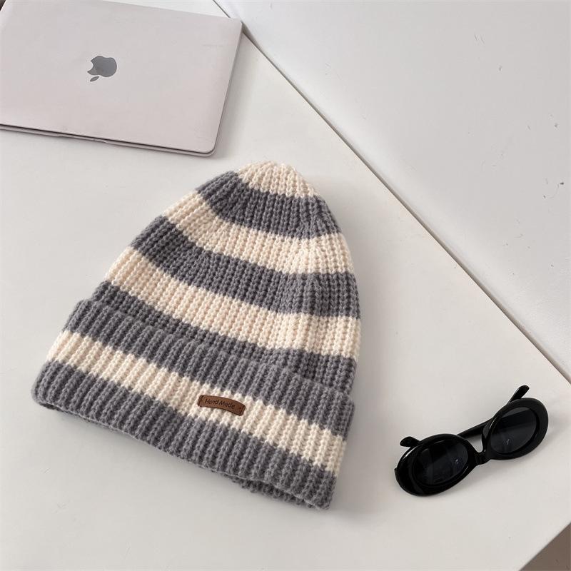Winter Warm Wool Hats Stacking Hats Thickened Stripes Contrasting Colors Knitted Hats Big Head Circumference Showing Small Face