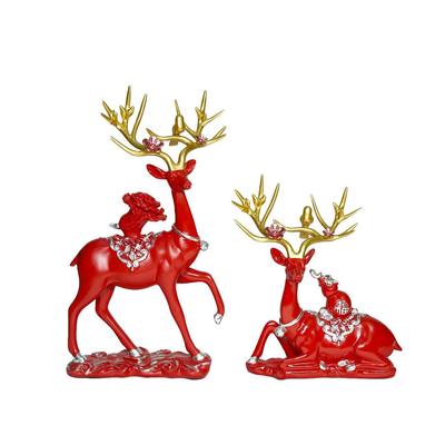 Set of 2 Reindeer Couple Figurines Decorative Centerpiece Elk Sculpture Gift Modern Deer Statues for Shelf Wedding Living Room Red (RED)
