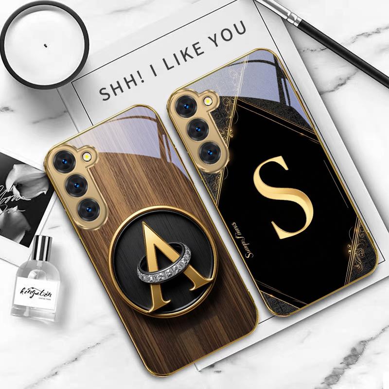 Luxurious Emblem Letters For Samsung Galaxy S26 S20 FE S21 S22 S23 Plus S24 Ultra S25Ultra S21+  S22Plus Golden Glass Phone Case