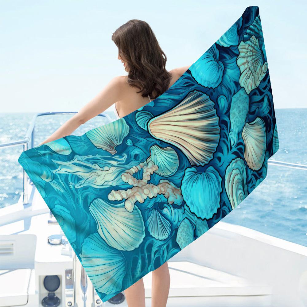 Blue Shell Series Digital-printed Polyester Superfine Fiber Double-sided Fleece Beach Vacation Bath Towel, Beach Towel