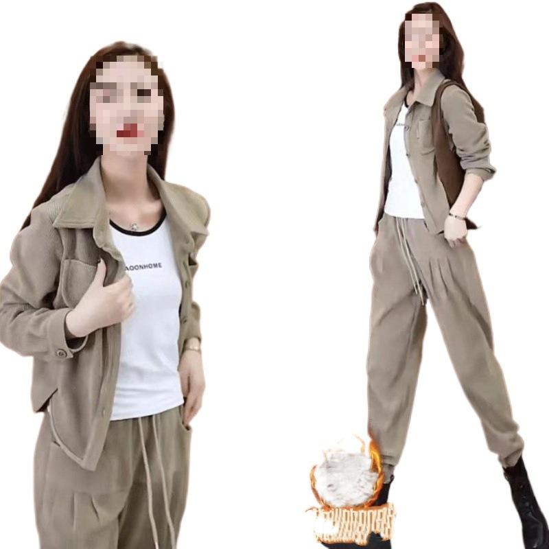 Plus Sametový Zesílený Retro Módní Manšestrový Oblek Dámský Podzimní a Zimní Nadměrná Velikost Západní Ležérní Bunda Dvoudílný Trend