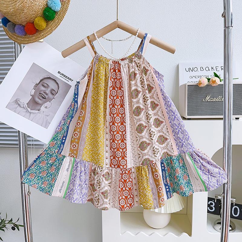 Girls Floral Patchwork Sleeveless Sundress - Retro Ethnic Style Size 130