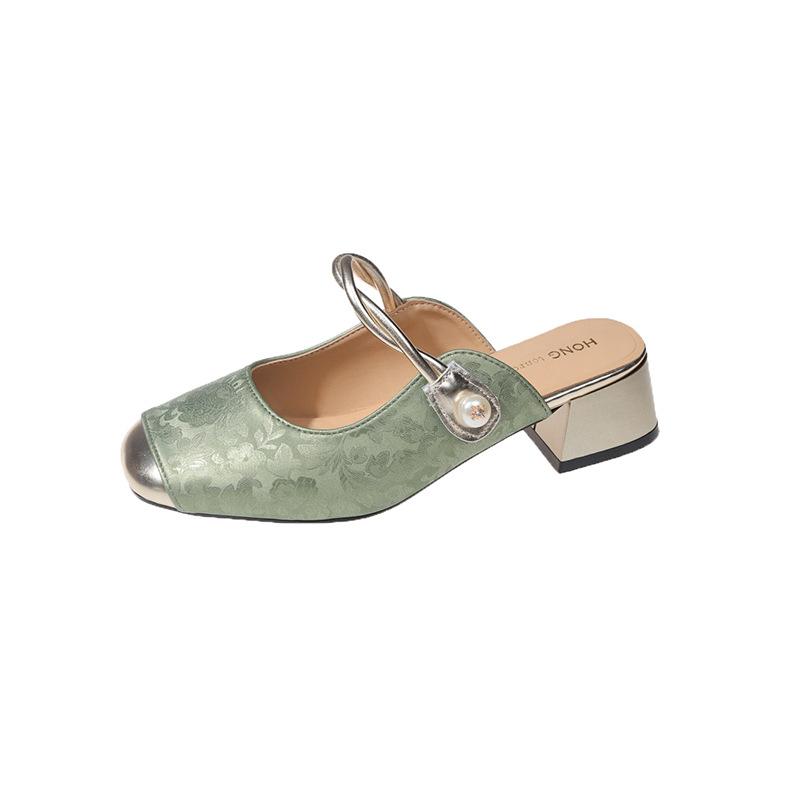 

Baotou thick heel slippers French retro half slippers women s outer wear 2025 new summer lazy one-pedal cool slippers 40 зелений