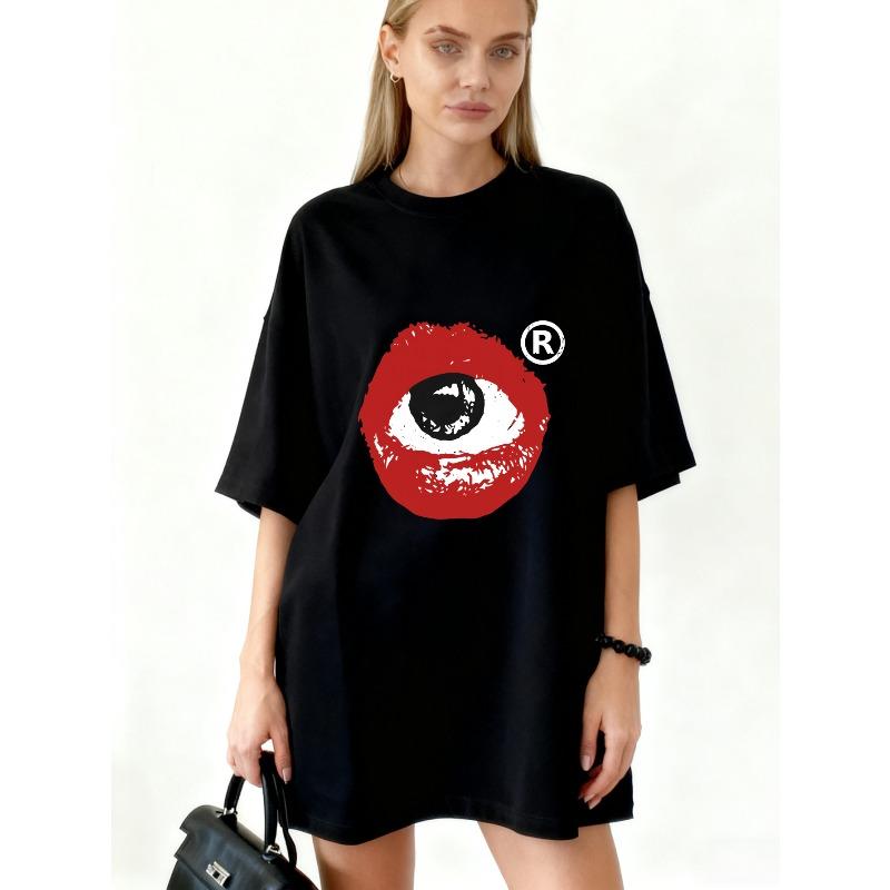 

Oversized T Shirt Dress Black Eye And Lip Print With Registered Symbol Graphic Casual Streetwear Fashion Statement Piece For Women XXXXL чорний