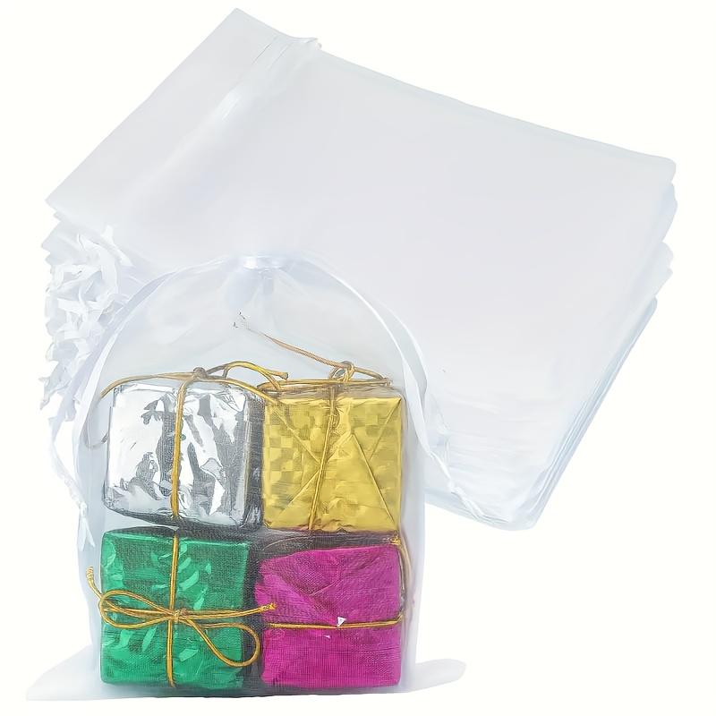 50-Pack Nylon Gusseted Gift Bags with Drawstring, Transparent Wedding Favor Bags, Jewelry Packaging, Holiday Gifts, Cosmetics & Candy Pouches, White