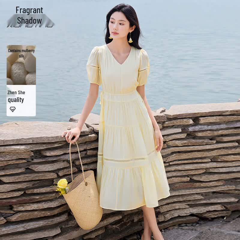 Xiangying Women's V-Neck Puff Sleeve Dress