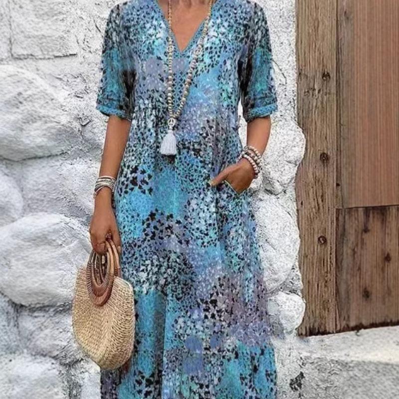 Women's Fashion Printed Lace Encrusted V-Neck Short Sleeve Dresses