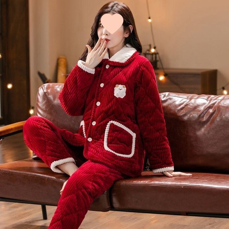 Pajamas women's winter warm winter fleece thickened coral fleece three layers of cotton autumn and winter women's loungewear