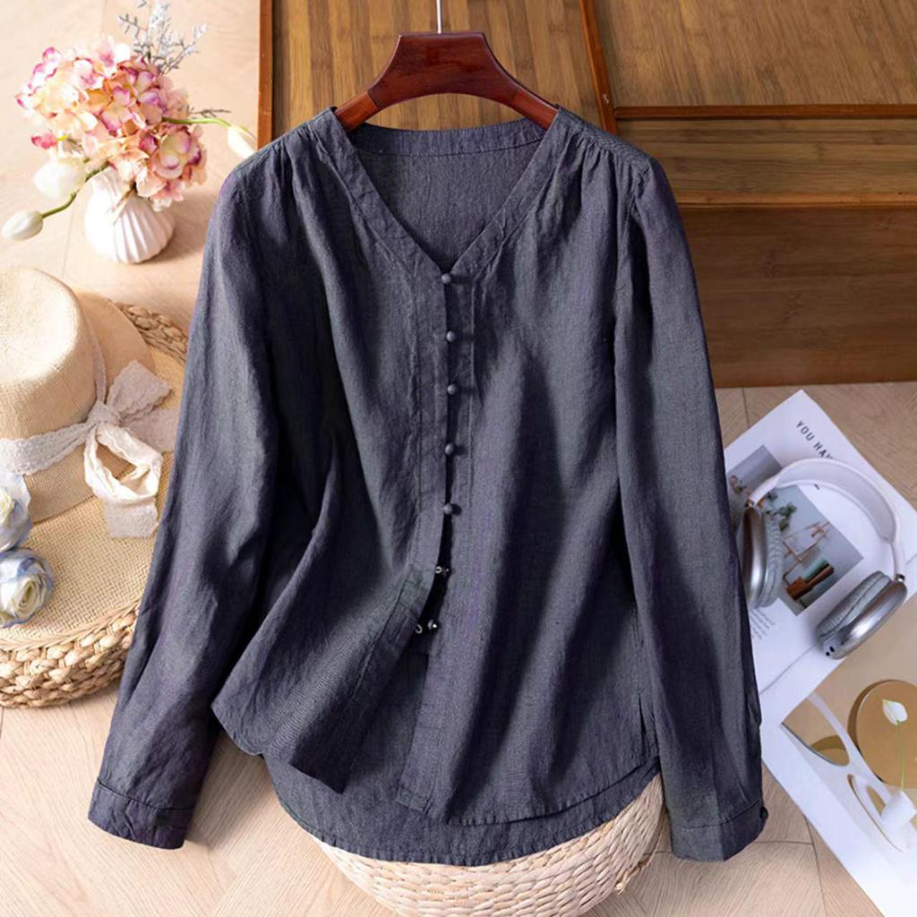 2026 Spring Women's Long Sleeve V-Neck Hemp Shirt - Artistic, Solid Color, Casual & Versatile.