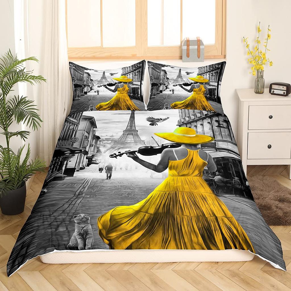 Violin King Queen Duvet Cover Flowers Roses Bedding Set Stringed Instruments Comforter Cover Fashion Music Polyester Quilt Cover