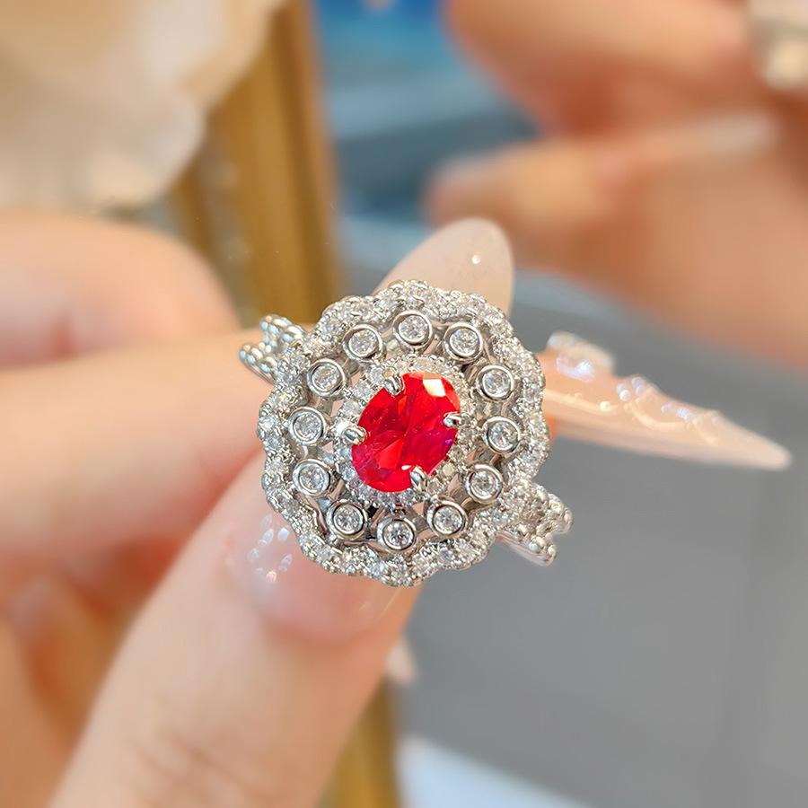 Light Luxury Niche Temperament Simulation Pigeon Blood Ruby Ring Women'S Red Corundum High-Grade With Cotton Emerald Diamond Ring