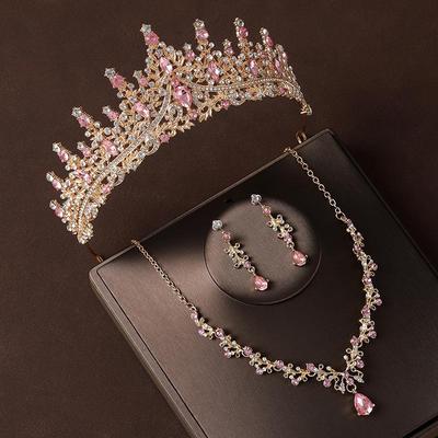 Champagne Pink Diamond Bridal Crown, Necklace & Earrings Set - Vintage Style Hair Accessories for Wedding Gown.