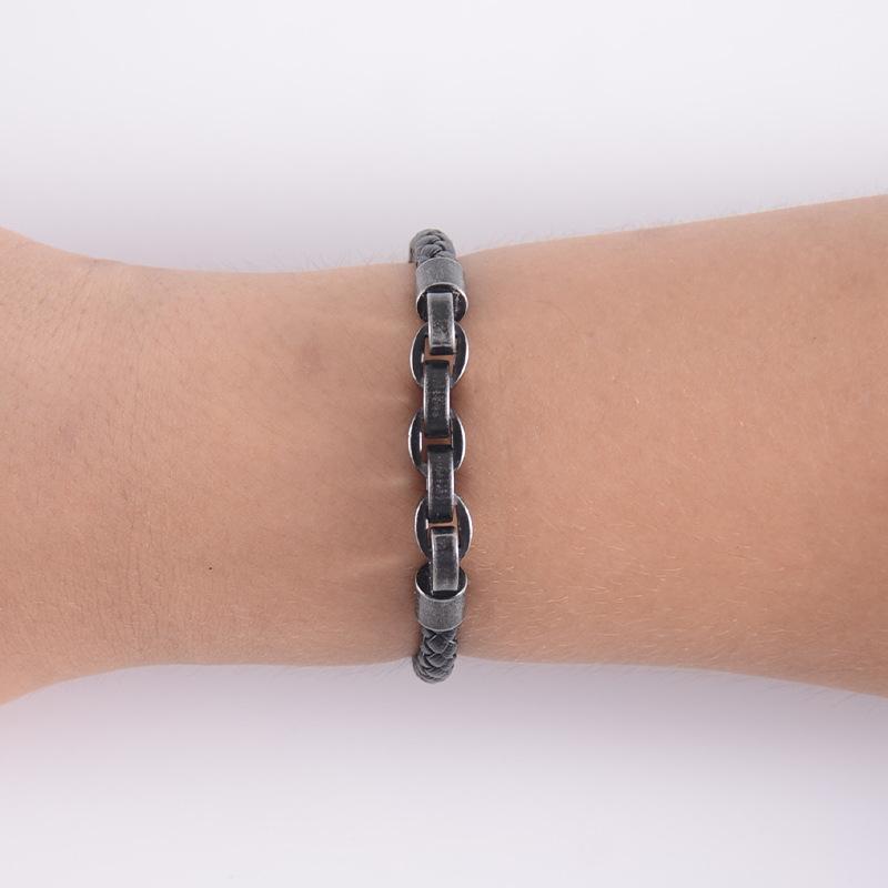Retro-style Creative Leather Woven Bracelet for Men, Stainless Steel Leather Rope Wristband