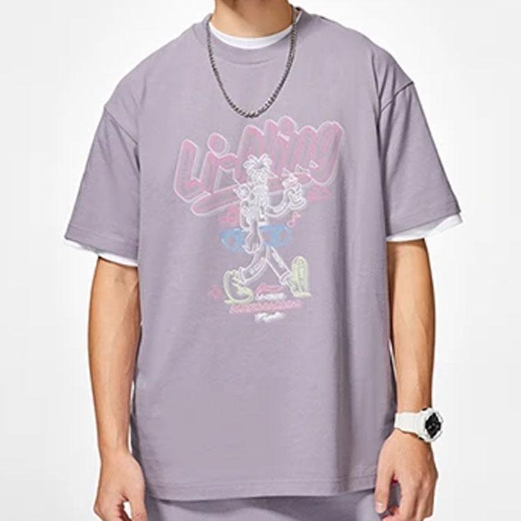 Li-Ning Neon Cartoon Print Loose Short Sleeve T-Shirt Unisex Tops Smoky-Purple AHSSC47-2