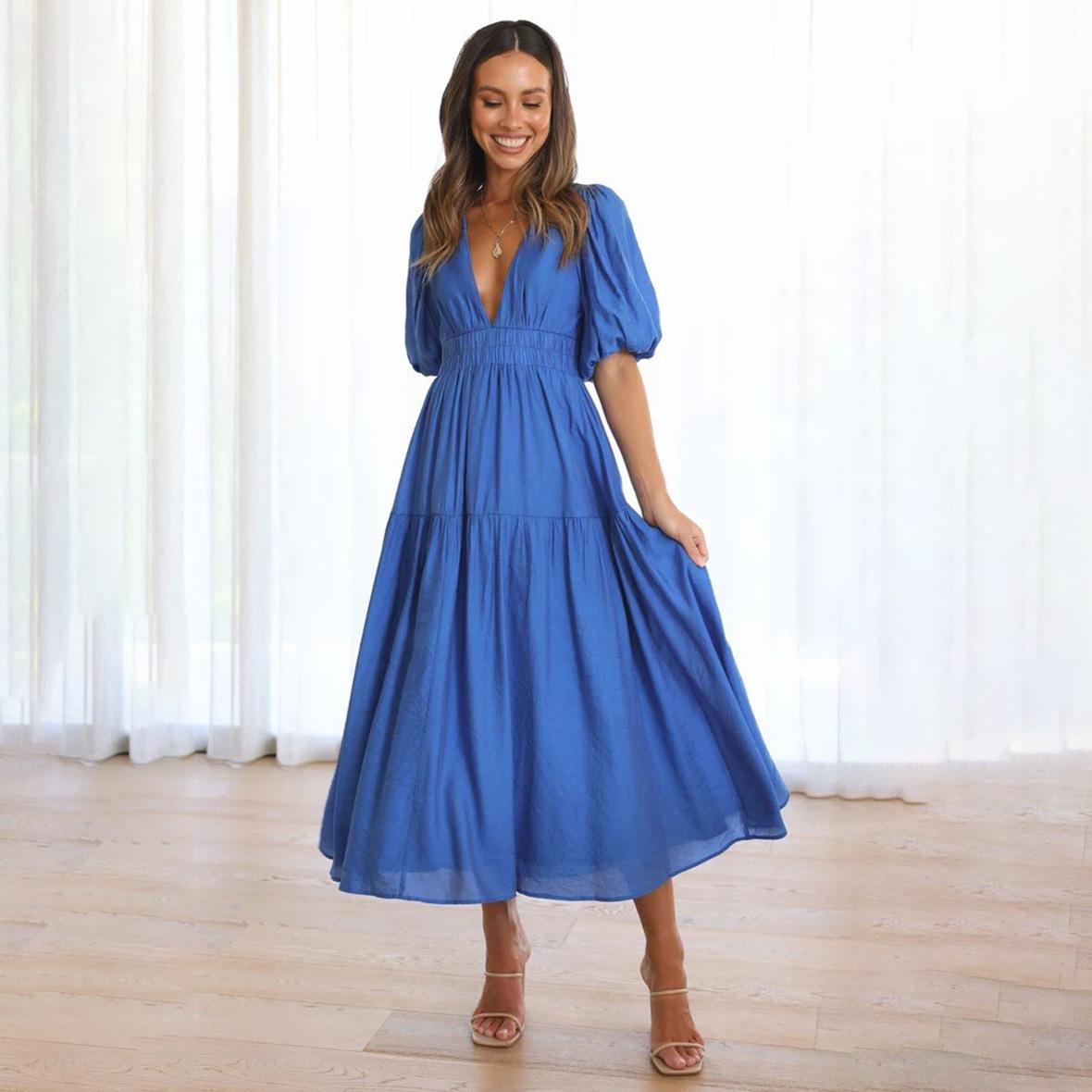 

Женское весеннее однотонное платье с короткими рукавами-фонариками, летнее повседневное платье с V-образным вырезом и высокой талией длиной до щиколотки, размер S-XL L синий