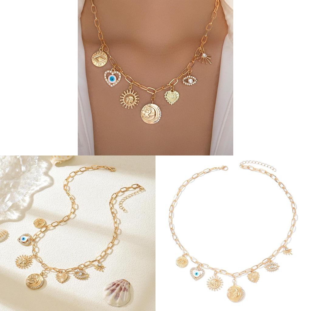 Devil Eye Heart Chain Necklace With Alloy Pendant And Geometric Star Design For Girls