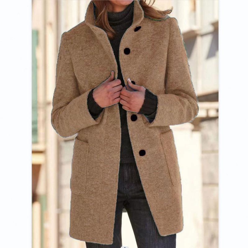 Womens Vintage Solid Color Button-Up Stand Collar Wool Blend Coat Winter 2026