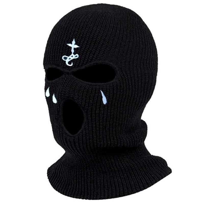 Cross Embroidery Ski Mask Winter Balaclava Hat 3-Hole Knitted Full Face Cover Neck Gaiter Warm Beanie for Outdoor Sport