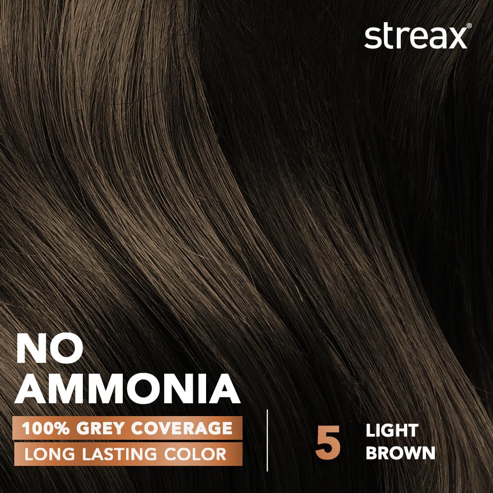 Streax Crème Permanent 5 Light Brown Hair Color 140ml Kit 100% Grey Coverage Long Lasting Ammonia Free