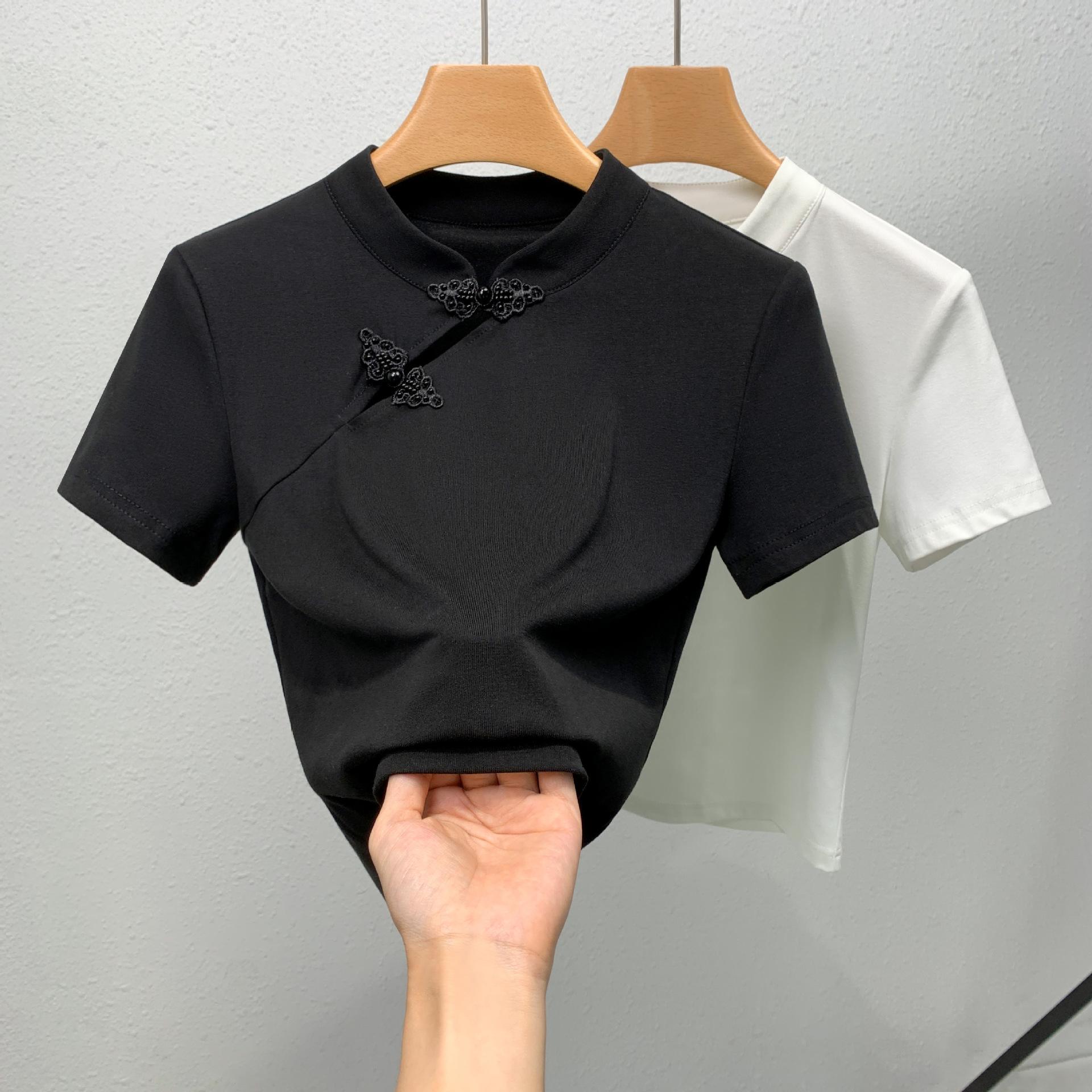 

Футболка с короткими рукавами для женщин, новая женская летняя ретро-футболка с воротником-стойкой, однотонная хлопковая футболка, топ в старинном стиле с косой планкой 3XL чёрный