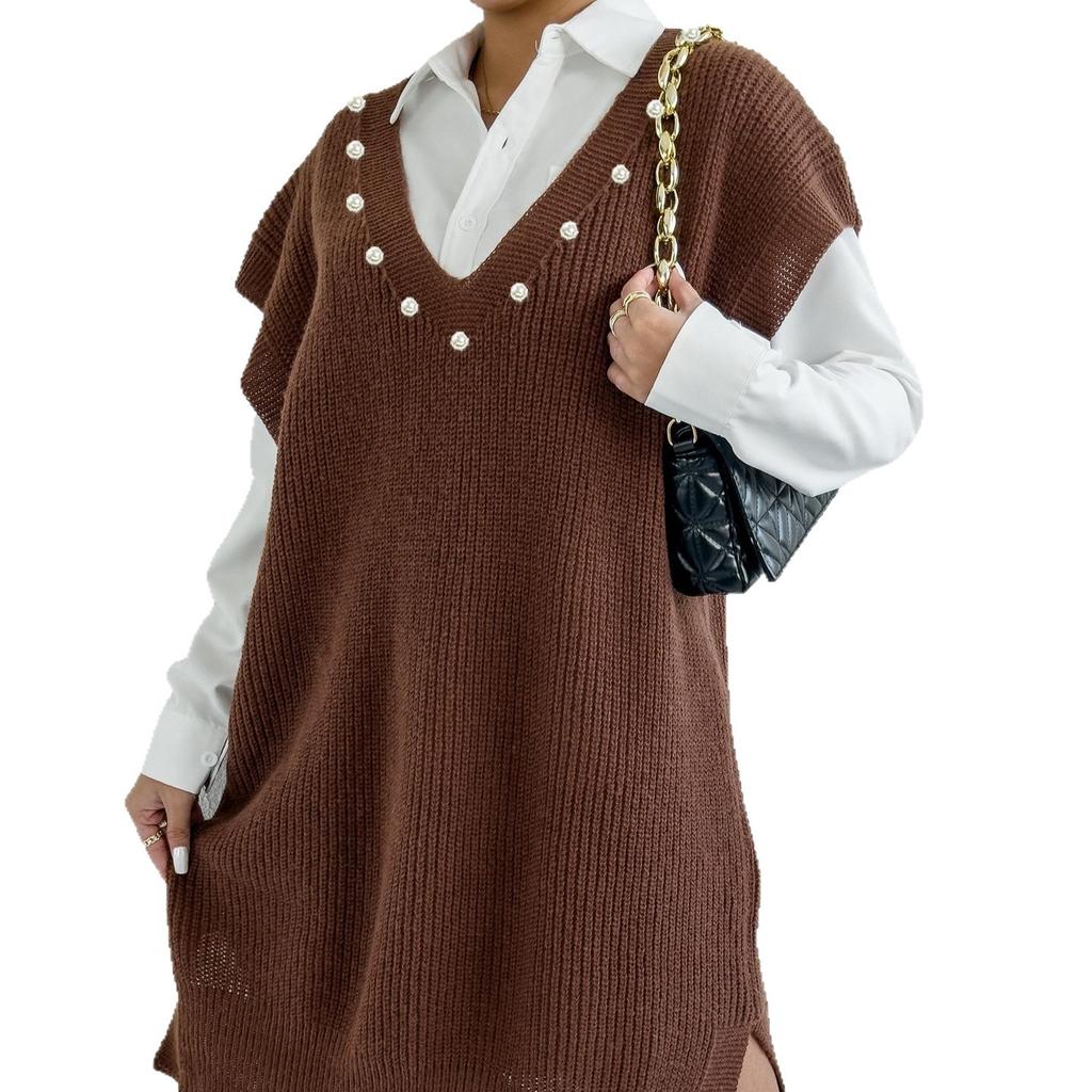 Ladies' Loose Sweater Dress, Vest Dress, Deep V-neck Beaded Sweater, Waistcoat
