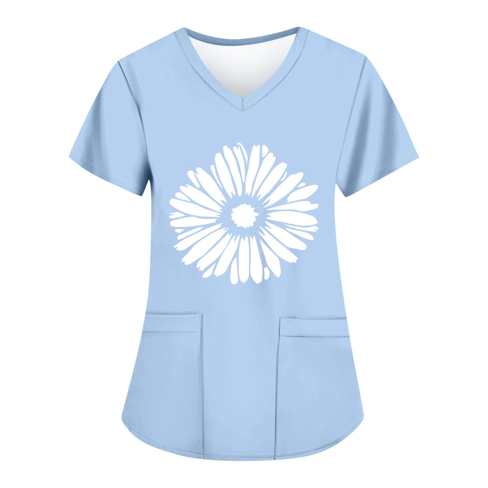 

Женские модные топы с короткими рукавами и V-образным вырезом с принтом, рабочие футболки с карманами S синий