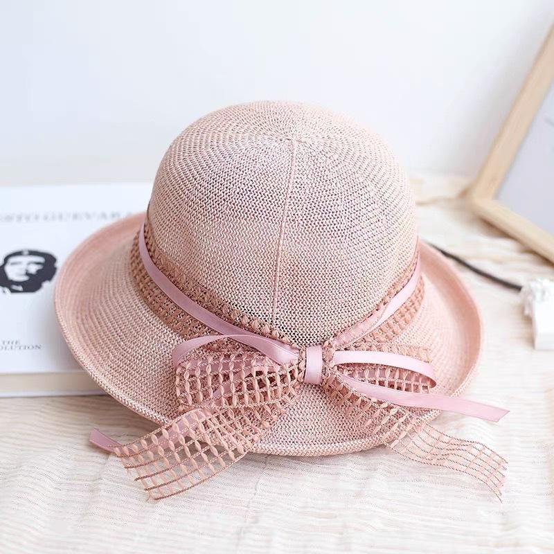 Retro elegant bow ribbon crimped basin hat dome top hat shading breathable fisherman straw hat women's summer