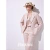 Blacknin "Heroine" Linen Gold and Silver Silk Thin and Glittering Closure Collar Stripes Pink Suit Outwear Vest Cropped Pants