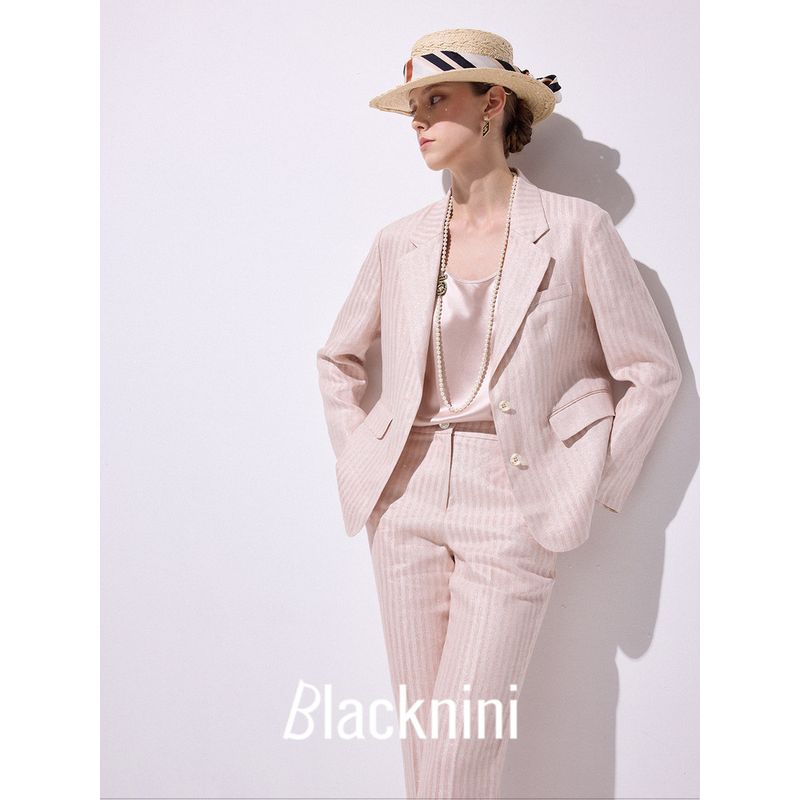 Blacknin "Heroine" Linen Gold and Silver Silk Thin and Glittering Closure Collar Stripes Pink Suit Outwear Vest Cropped Pants