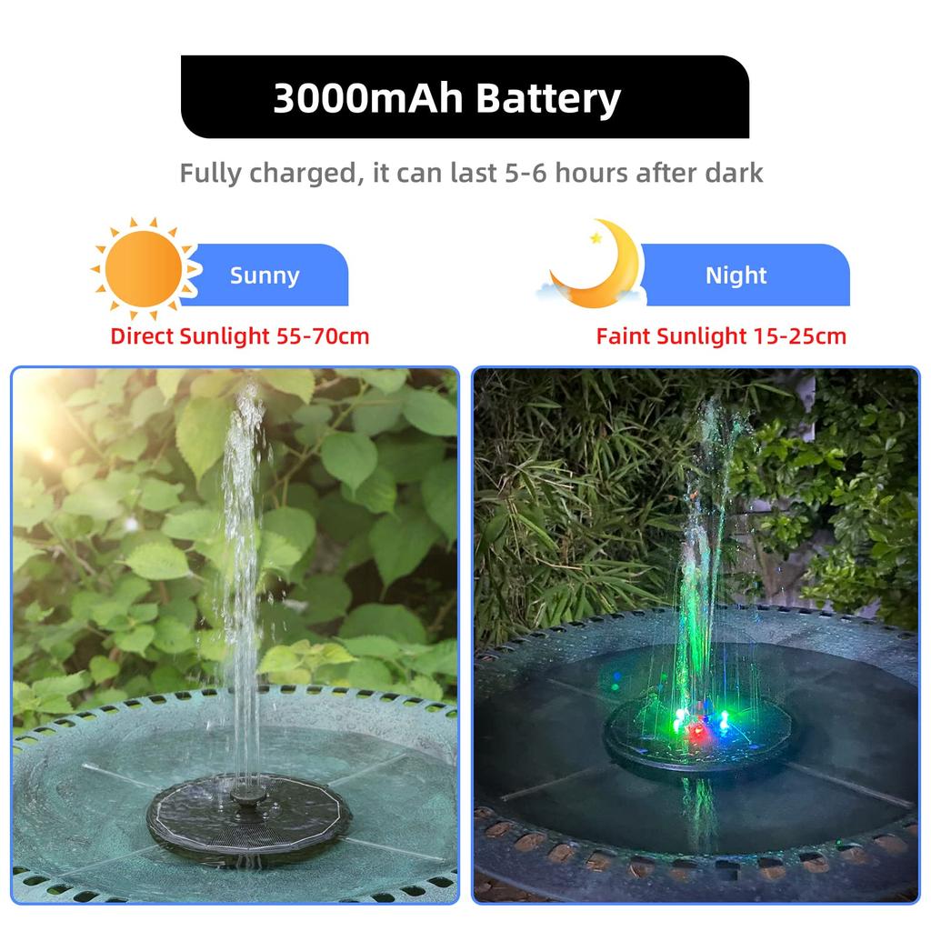 Solarbrunnen, 4 W, Vogelbad-Springbrunnenpumpe, verbesserter Springbrunnen mit Glasplatte und farbigen LED-Leuchten, 7 Düsen und 4 Halterungen