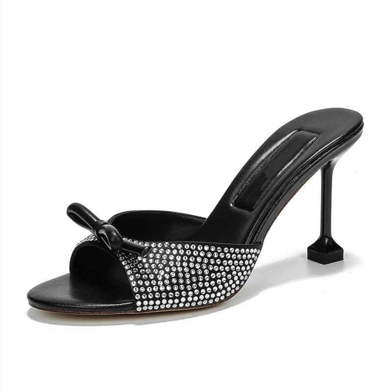 Fashion Luxury Rhinestones Satin Bowknot Peep toe Women Slippers Sandals Fashion Thin High heels Mules Slides Summer Party Prom Shoes