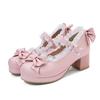 2025 Plus Size 43 Women's Candy Colors Mary Janes Pumps Bow Tie Ruffles Black Pink Platform Sweet Block Heels Lolita Shoes