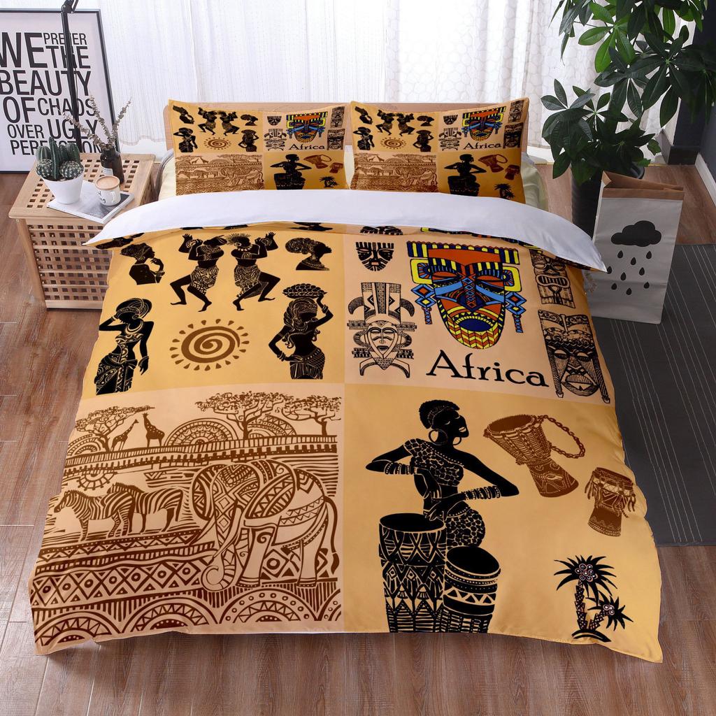 African Woman Bedding Set Ethnic Afro Duvet Cover Microfiber African American Comforter Set 3 Pieces Orange Ancient Desert Full
