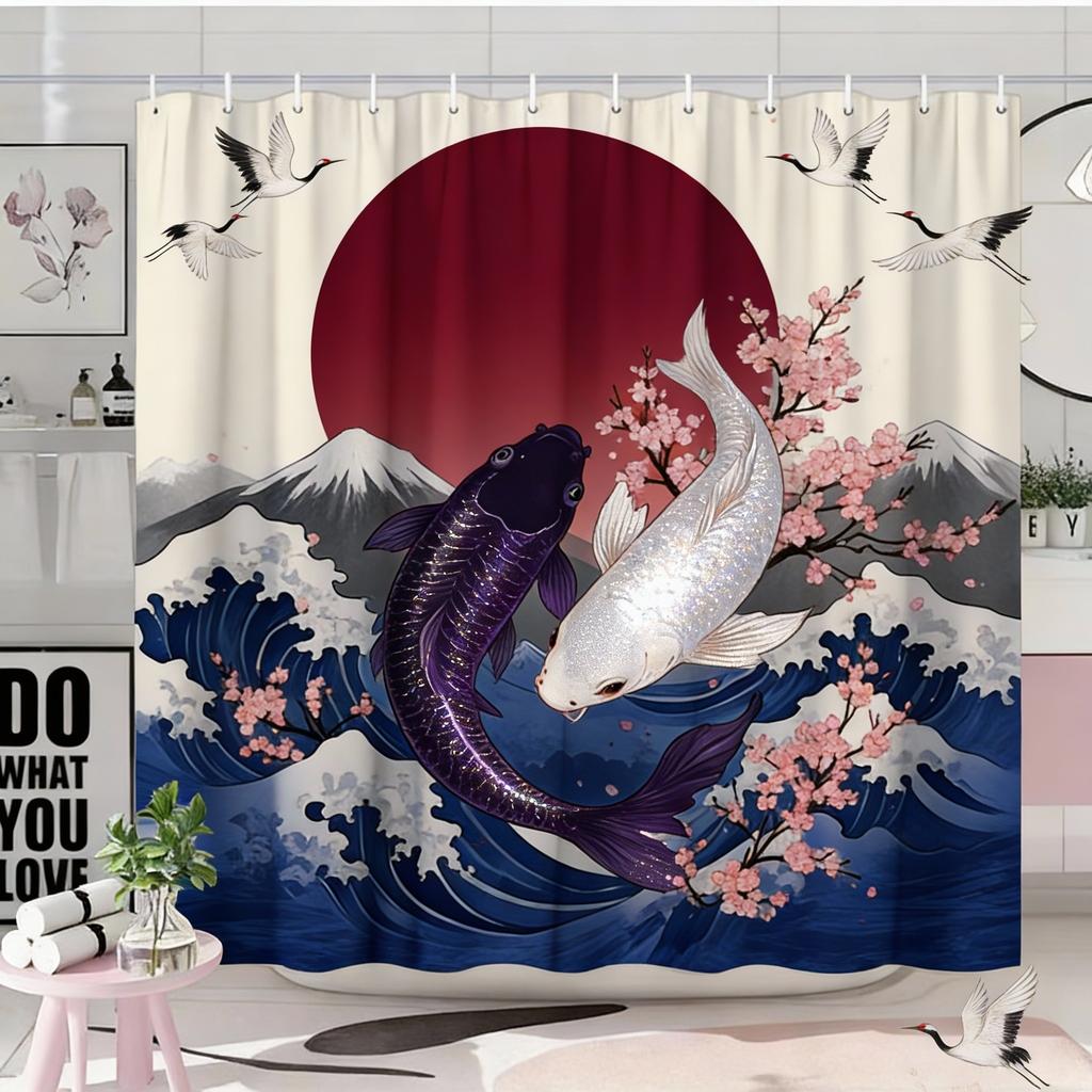 1pc Japanese Ukiyoe Koi Shower Curtain, Cherry Blossom, Red Sun, Snow Mountain Pattern, Easy to Hang, Fashionable Bathroom Decor