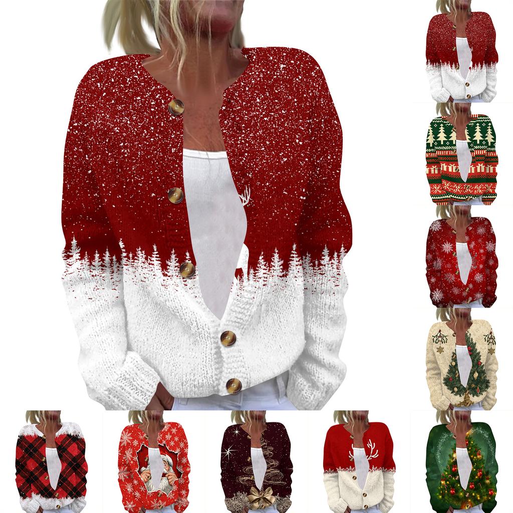 Stylish Women's Christmas Print Long Sleeve Knit Cardigan Button Front Casual Sweater