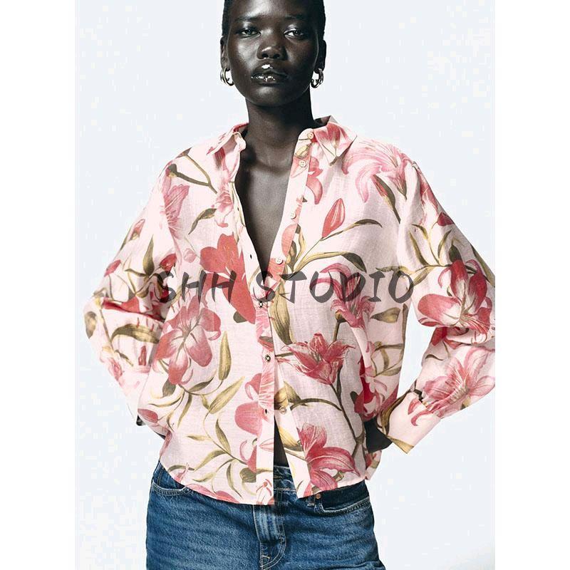 Spring New Women's Clothing Flower Print Fashion Vertical Lapel Long Sleeve Shirt 5029055 5029053