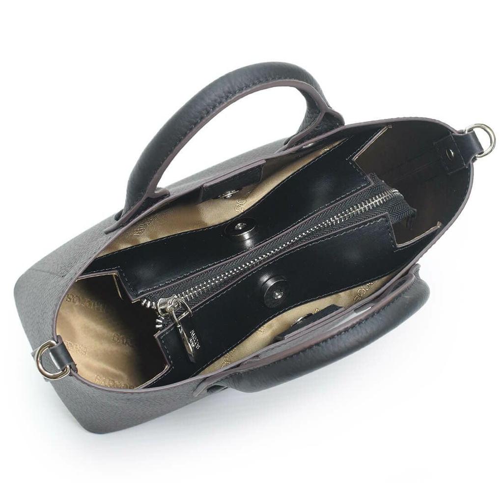 Barcos Shrink Leather 2-Way Handbag (Small Size) for Women, Mini BagShoulder Bag, 3-Layer Design for Easy Sorting, Taupe