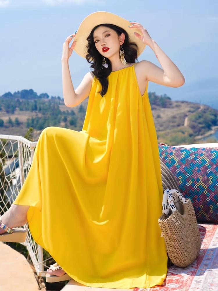 Photo Beach Dress High-end Female Summer Super Fairy Backless Long Dress Seaside Vacation Yellow Dress