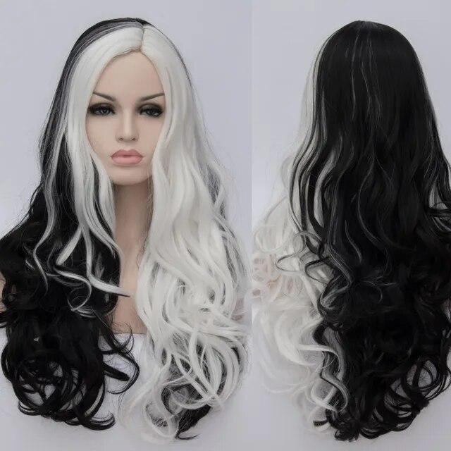 Women Cosplay Multicolor Stitching Gradient Wig Long Wig Curved Big Wave Black White Blue Pink Color Wigs