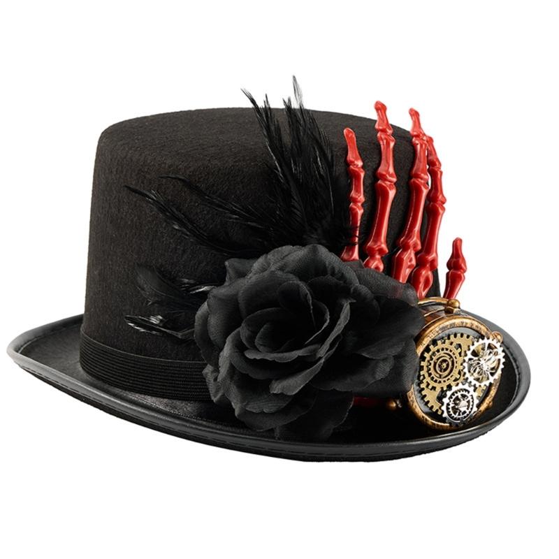 Gothic Tall Hat With Skeleton Hand Flower Decoration Gothic Theme Head Accessory Top Hat For Halloween Masquerades Event
