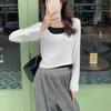 Design Sense Splicing Fake Two-piece Square Neck T-shirt for Women In Autumn and Winter Slimming Contrast Color Long-sleeved Inner Bottoming Shirt Top