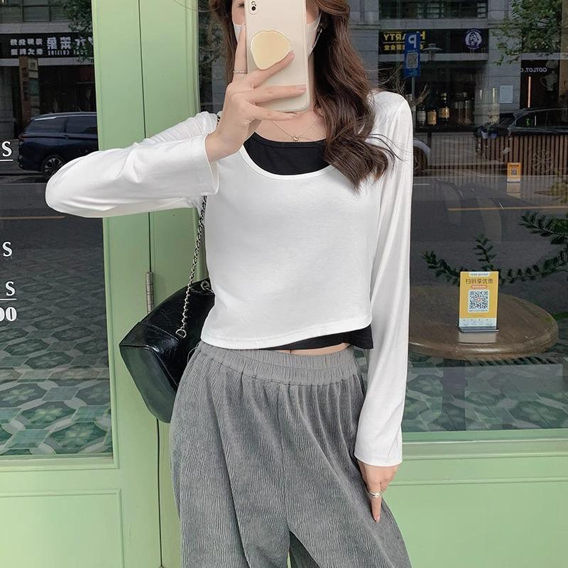 Design Sense Splicing Fake Two-piece Square Neck T-shirt for Women In Autumn and Winter Slimming Contrast Color Long-sleeved Inner Bottoming Shirt Top