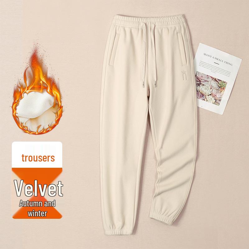 Women's Cream Fleece Sweatpants, Casual Loose Fit, Thickened for Autumn/Winter, Elastic and Warm Joggers, 420g.