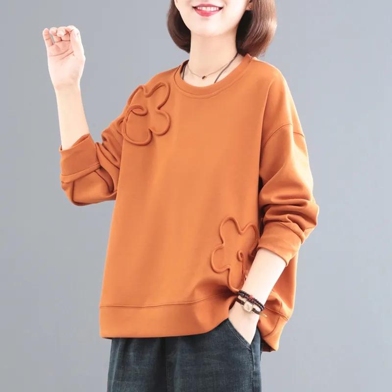 Women's Spring and Autumn Large Size Cotton Sweatshirt Solid Color Round Neck Loose Pullover Top