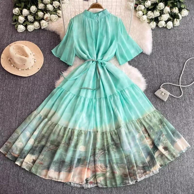 Temperament Stand Guler Rochie cu mâneci scurte evazate Femei Robă cu talie înaltă subțire 2024 New Ink Printr Rochii de femeie cu dantelă