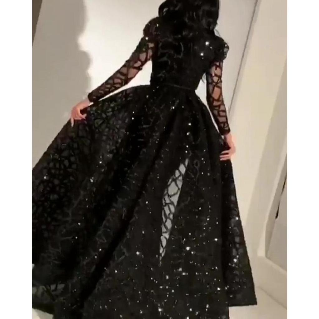 Spring Summer New European American Style Women's Long Sleeve Sequined Big Hem Evening Gown Formal Dress
